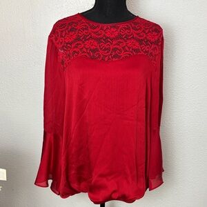 1011 I.N. Studio Red Lace Detail Blouse w/flare sleeves